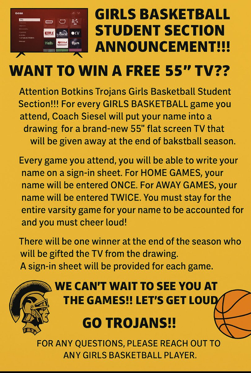 BotkinsSportMed's tweet photo. 🚨🚨Students!!!🚨🚨
Who wants to win a new 55`` TV 🖥 come to the Girls🏀 games, CHEER LOUD 📣, and participate and THEMES to have your name put into an end of the season drawing for a brand new tv!! LET'S GET LOUD AND PACK THE GYM!!!
@BotkinsSchool @BotkinsHoops @BoosterBotkins https://t.co/kzCITN8YrX