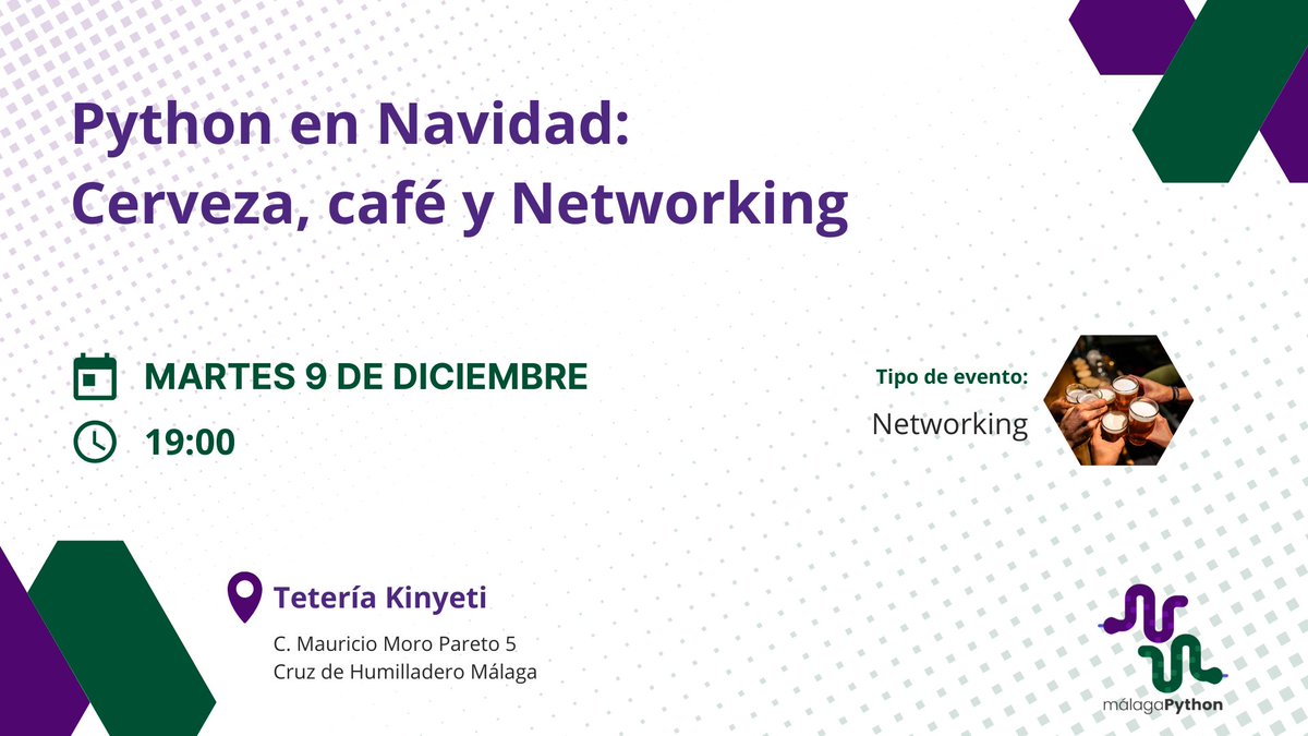 python_malaga's tweet image. 🎅Python en Navidad: Cerveza, café y Networking🐍

📅 Martes 9 diciembre
🕡 19:00
📍 Tetería Kinyeti: maps.app.goo.gl/iRvTgDohVNu2qZ…
✏️ Registro en Meetup: meetup.com/es-es/python_m…

¡Únete a nuestro evento de networking más navideño! ¡Punto si traes gorro! Registro requerido.