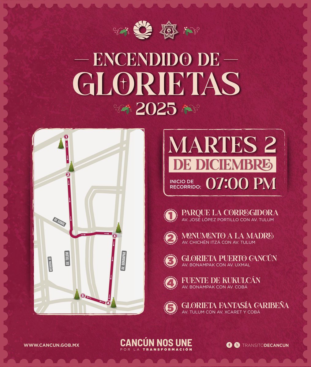 🎄🚦 ¡Encendido de Glorietas 2025! 🚦🎄
Este 2 y 9 de diciembre estaremos implementando dispositivos viales especiales para garantizar la seguridad de todas y todos durante los eventos decembrinos.

Exhortamos a la ciudadanía a manejar con precaución y respetar los señalamientos.