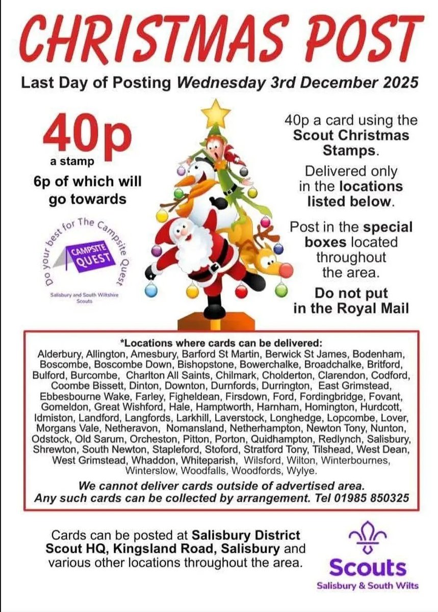 Tomorrow is the last day for posting cards using the scout Christmas post. There are post boxes in All Saints &amp; St George's (both open all day) &amp; in the hall (open for coffee &amp; chat 10-12noon &amp; talk in evening)