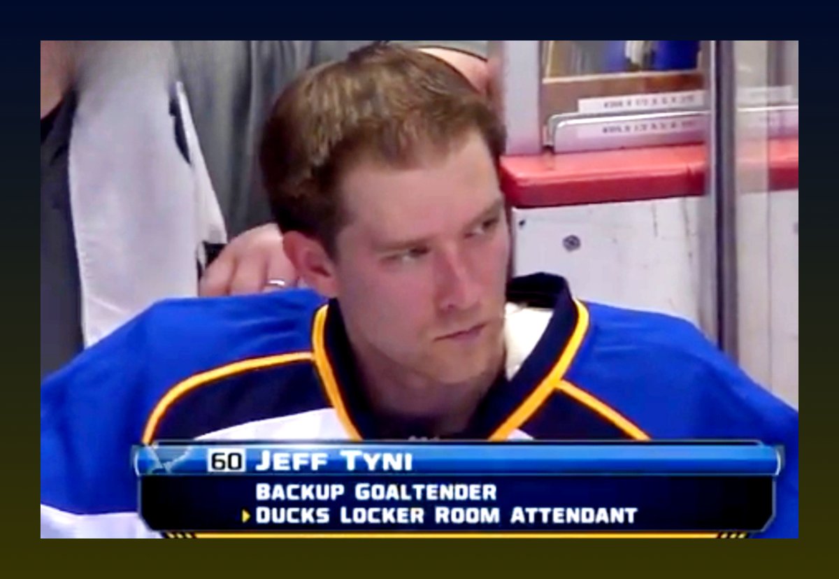 Jeff Tyni is our next featured goalie who #MadeItToTheShow!

Anaheim’s locker room attendant, Tyni was signed as an #EBUG by the #StLouisBlues on Feb 28, 2014 because Jaroslav Halak was traded and the team needed a backup goalie for Brian Elliott vs the Ducks that evening.