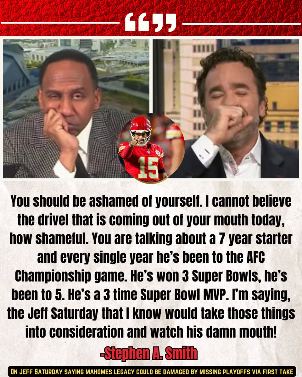 Stephen A. Smith unloads on Jeff Saturday who believes Patrick Mahomes Legacy could be damaged by the #Chiefs missing the postseason this year. 

- Via <a href="/FirstTake/">First Take</a>