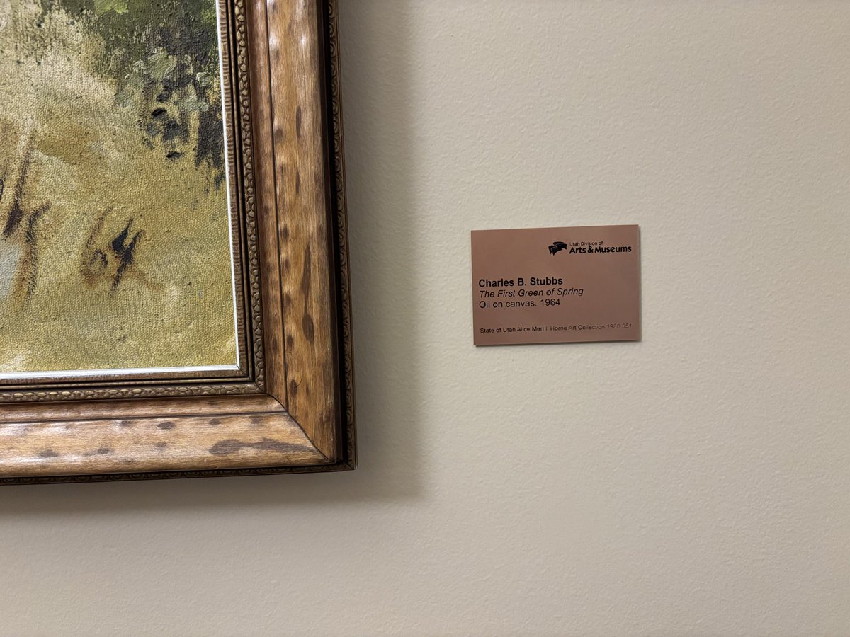 Today Lin Stubbs came to our office to see the painting, The First Green of Spring, by her husband Charles Stubbs. Lin shared with us that the painting won an art competition at the Utah State Fair in 1964-also the year of her and Charles wedding-and included the state purchasing