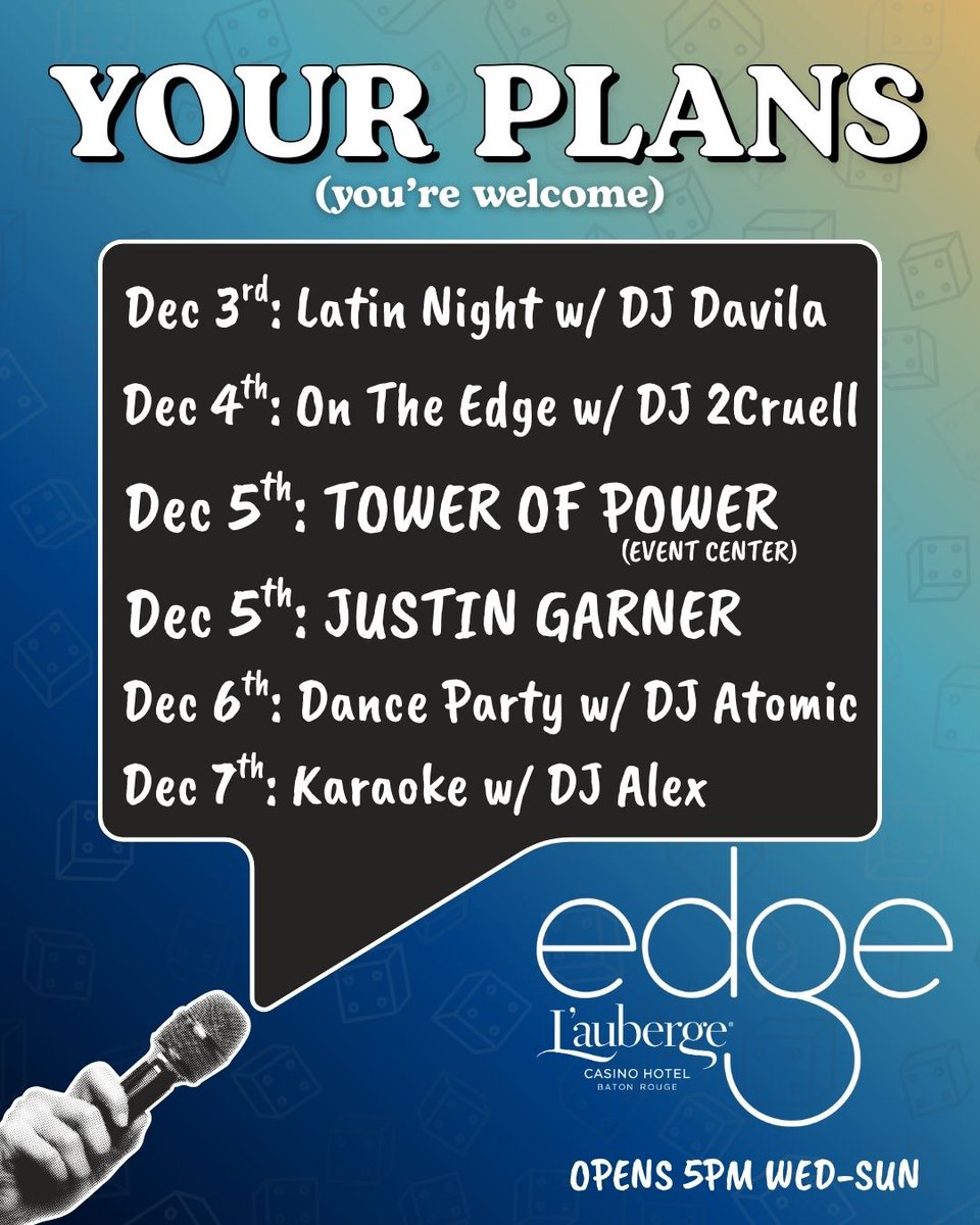 We've got the lineup, you bring the crew 👬 
Here's what's happening at EDGE this week:

#EDGE #laubergebatonrouge #batonrouge #EDGEbar