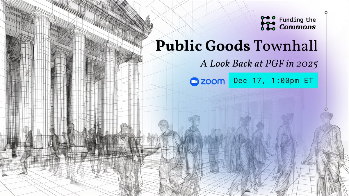 FundingCommons's tweet image. If you built, funded, or shaped public goods this year—come hang out with us. 💫

On Dec 17, 1pm ET, we’re hosting a Town Hall to look back at PGF in 2025 with speakers from @gitcoin @OctantApp @gardens_fund @dripsnetwork @gooddollarorg &amp;amp; more.

Join us: luma.com/pgtownhall10