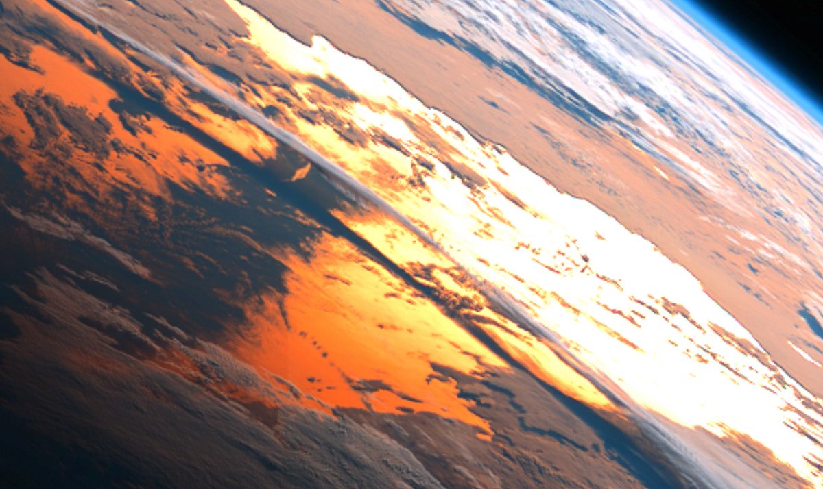 宇宙から見た今朝の地球の朝焼け空。