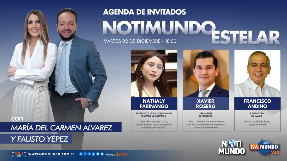 🌎#AGENDA | Las noticias y los protagonistas que marcan la jornada informativa míralos en #NotiMundoEstelar con <a href="/faustoyepezTA/">Fausto Yépez</a> y #MaríaDelCarmenÁlvarez.

🎙️<a href="/NathalyFarinan/">Nathaly Farinango Delgado</a>
🎙️<a href="/xavirosero/">Xavier Rosero Carrillo</a>
🎙️<a href="/drfranciscoandi/">Francisco Andino</a>

📻 Sintoniza 98.1 #Quito

🔴Míranos por #FmMundoLive  ➡️
