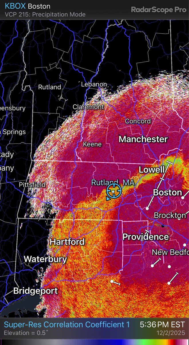 ScottGridley's tweet photo. @ContentWxGuy This western lobe is warm and still pushing north. 31° here in Rutland MA with rain/sleet/snow mix. 

KBOX - Super-Res Correlation Coefficient 1 5:36 PM #mawx #ctwx #nywx https://t.co/Rbgoq1pw1G