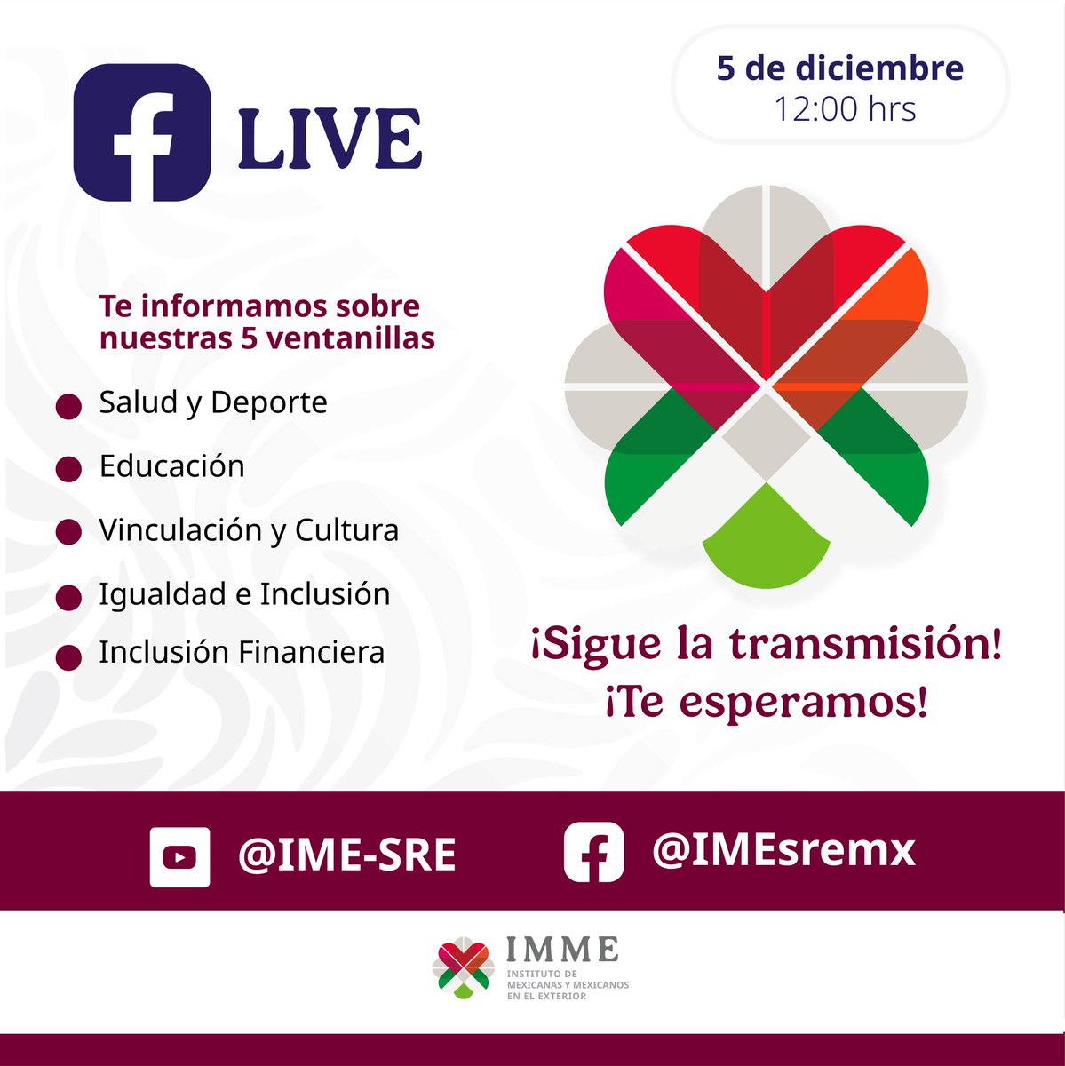 IME_SRE's tweet image. ✨¡Conéctate a nuestro Facebook Live!

Las 5 direcciones del IMME estarán respondiendo en vivo tus dudas sobre los programas y servicios para la comunidad mexicana en el exterior.

No te lo pierdas y participa con tus preguntas.
#ComunidadMexicanaEnElExterior #IMME
@tatclouthier