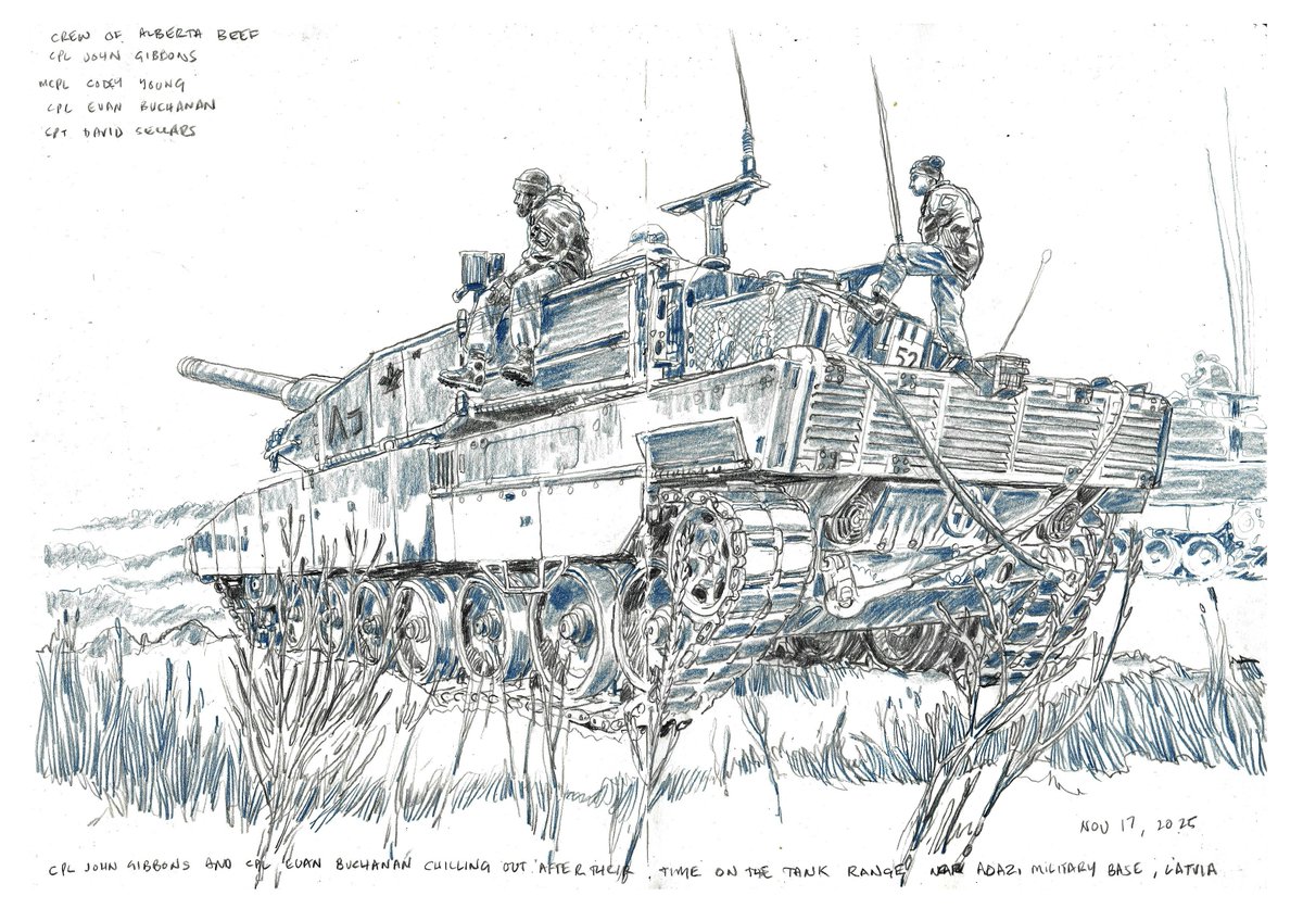 newsillustrator's tweet photo. I was lucky enough to visit NATO Multinational Brigade Latvia at Camp Adazi near Riga last month as part of an project to capture art of #opreassurance and #opunifier. Sketch from my day with the tankers at the range. @CanadianArmy @CanWarMuseum @CanadianForces @urbansketchers https://t.co/JGoIDdQSEF