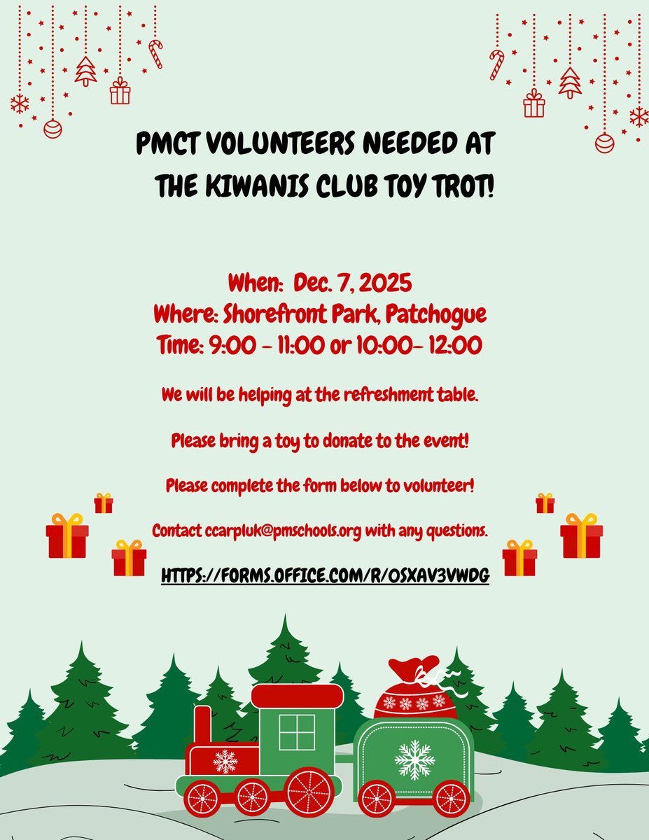 PMCT VOLUNTEERS NEEDED! As a reminder, this Sunday is the Kiwanis Club Toy Trot. We need volunteers to help serve refreshments from 9-11 and/or 10-12. Please copy the link below to complete the volunteer form. Toy donations are encouraged! 🧸🚂🎄See you there!