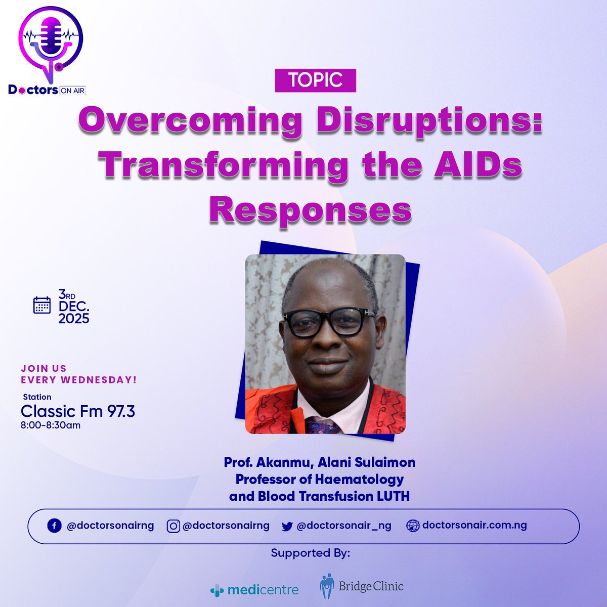 DoctorsOnAir_NG's tweet photo. HIV is no longer a death sentence; testing, treatment, and education save lives every day. But stigma, misinformation, and gaps in care still hold many back.
Tune in tomorrow, 3rd December, at 08 am WAT on @classicfm97.3 as we discuss how to improve access, strengthen support https://t.co/sXiYSp5Q15