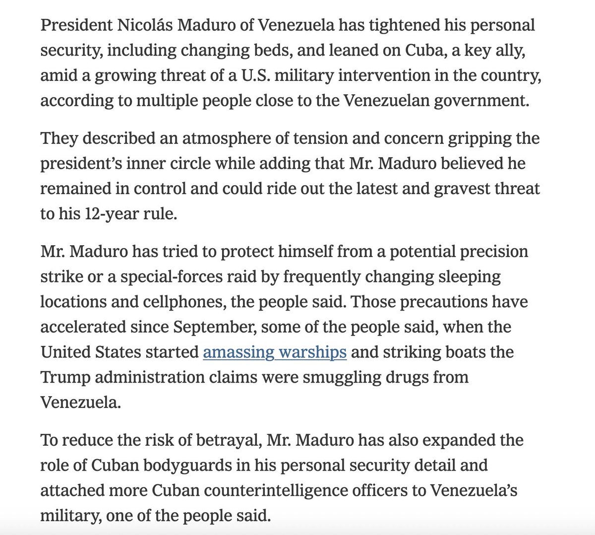 🚨 ¡ÚLTIMA HORA VENEZUELA! 🚨🇻🇪
 
URGENTE — ¡LO ÚLTIMO! 🇻🇪 🇺🇸  — NEW YORK TIMES:

Hay nerviosismo y temor en el círculo de Maduro.

Maduro duerme en una locación diferente cada noche y cambia sus celulares. Reforzó su seguridad con cubanos.