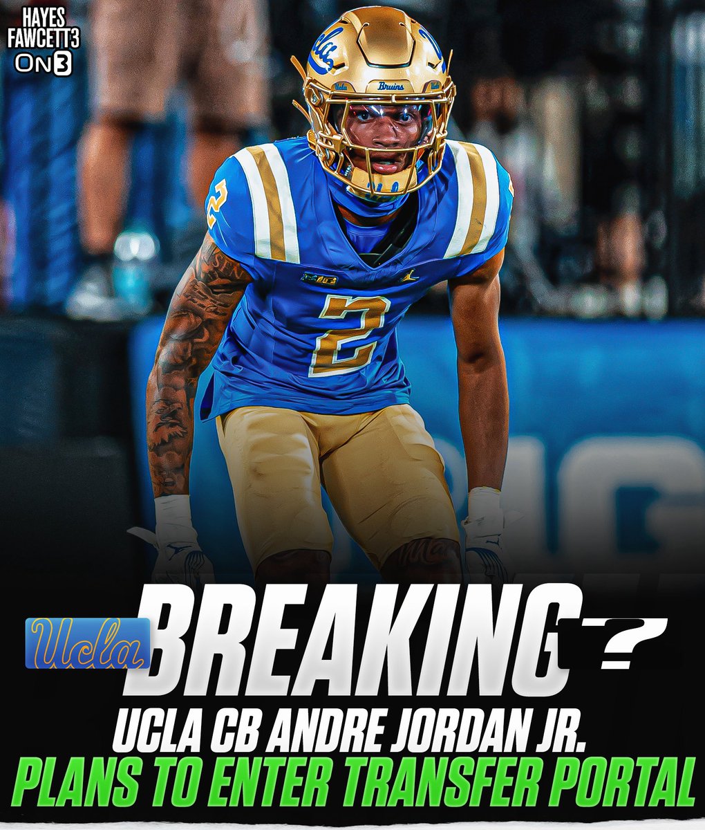 Hayesfawcett3's tweet photo. BREAKING: UCLA CB Andre Jordan Jr. plans to enter the @TransferPortal, he tells @on3  The 6’1 185 CB totaled 57 tackles and 15 PD through 3 seasons

He started 7 games this year and will have 1 year of eligibility remaining

https://t.co/RlUbB6EMhS https://t.co/EjNUCSUn08