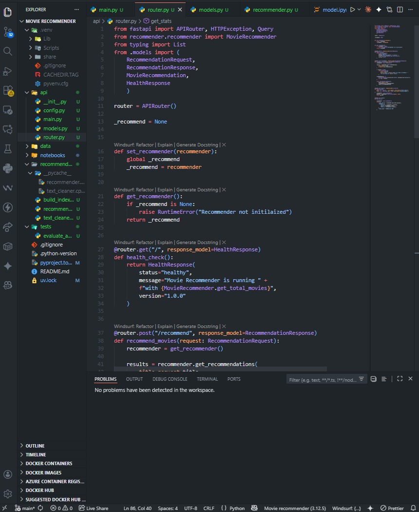 mackjohn341's tweet image. Day 30 of the challenge: Structural integrity check! 🏗️ Spent the day making my #FastAPI Movie Recommender modular using APIRouter. Clean code is happy code! Health check is running, model initialized. 👇