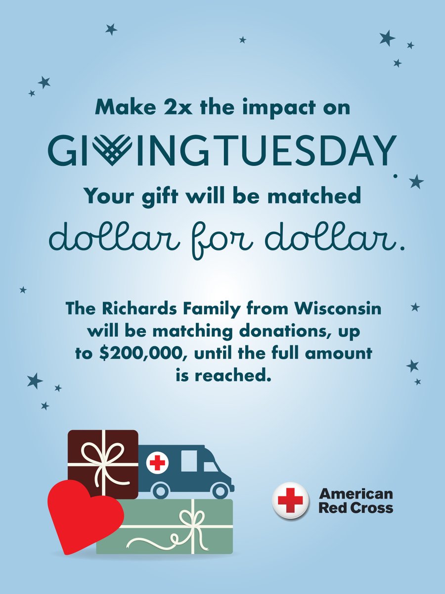 RedCrossWIS's tweet image. Double your impact this GivingTuesday! Thanks to the Richards Family, a generous Wisconsin donor, your gift will be matched dollar for dollar up to $200,000.

Help provide shelter, meals &amp;amp; care for families facing disasters. Give now: rdcrss.org/3Mhazzr #GiveWithMeaning