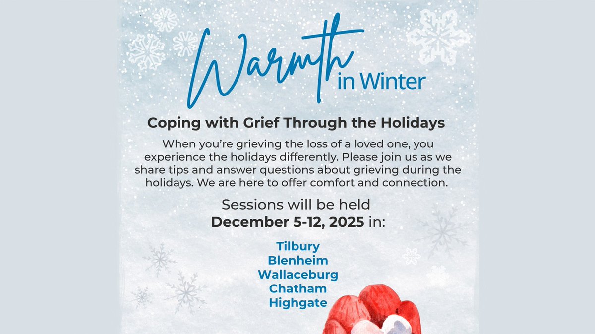 When you’re grieving the loss of a loved one, you experience the holidays differently. Join CK Hospice for "Warmth in Winter" as they share tips and answer questions about grieving during the holidays. 
Please visit chathamkenthospice.com/upcoming-events for details on each session.
#CKont