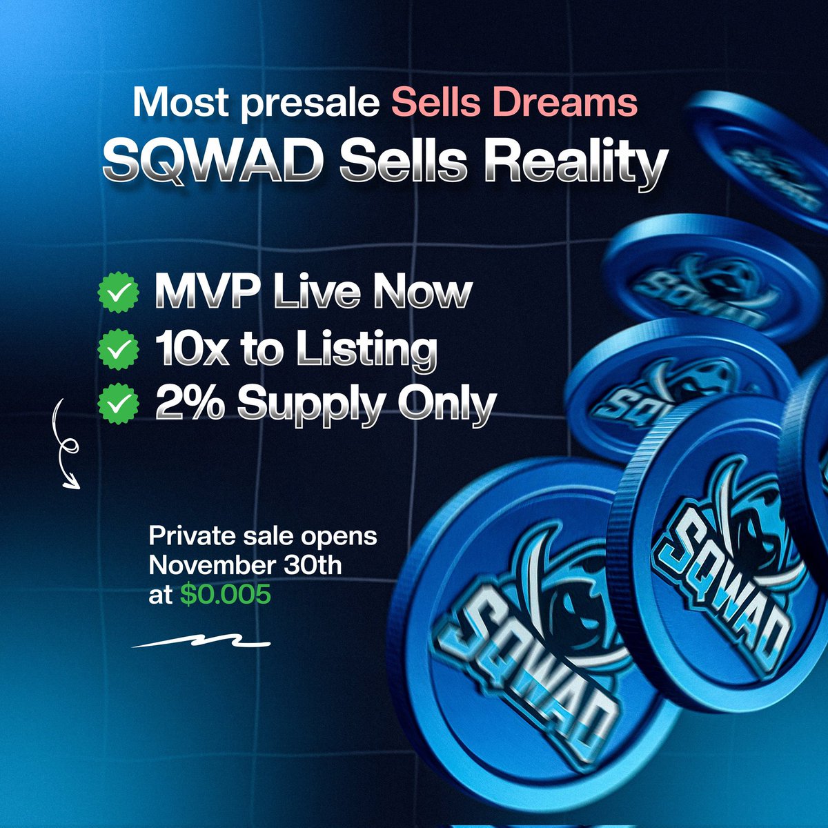 SQWAD Presale is Here!
The wait is almost over — SQWAD’s private presale officially goes live on November 30th! 🔥
This is your chance to enter early before the big wave hits.
Private Presale Price: $0.005

<a href="/SQWAD/">Bembeng MRP</a> is on a Mission 🔥🚀

#SQWAD #Presale #Web3 #Crypto