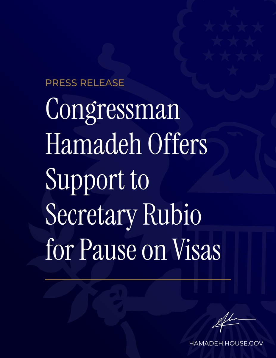 RepAbeHamadeh's tweet image. 🇺🇸NEW🇺🇸

Congressman Hamadeh Offers Support to Secretary Rubio for Pause on Visas

Read Press Release⤵️
hamadeh.house.gov/media/press-re…