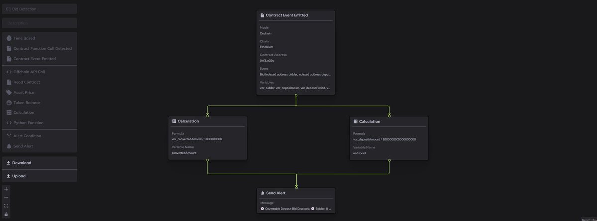 From a fresh contract, I can just feed it a contract and fetch the ABI with a click.  I pick my events of interest, snag their data as variables, do some crypto math and punt it to a webhook in no time at all.