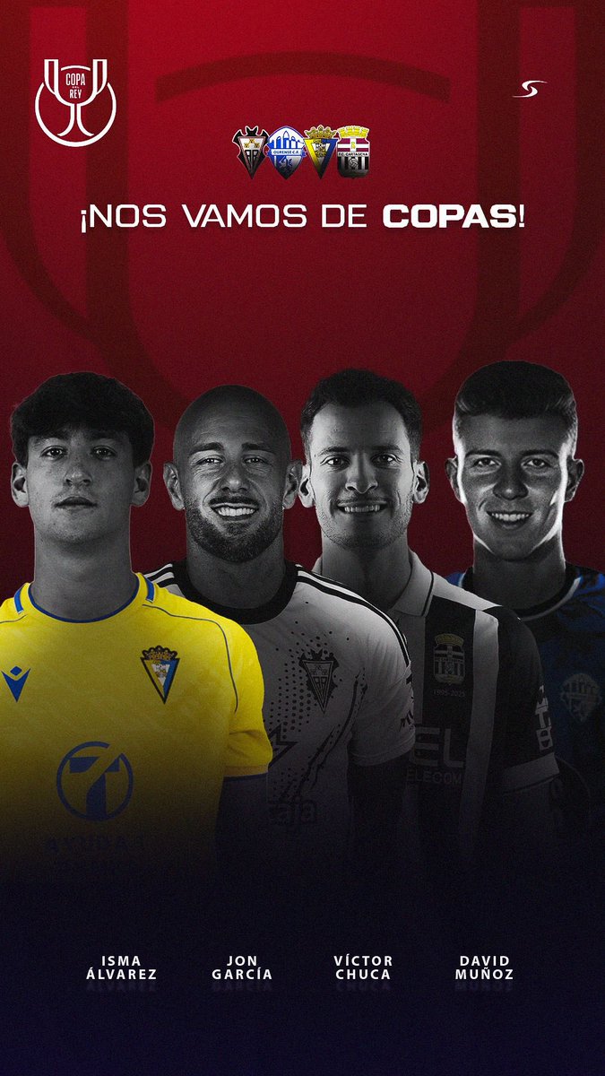 Simasportsoccer's tweet photo. ¡NOS VAMOS DE COPAS! 🥂✨⚽️

@Ismaelalvarezz_ x @Cadiz_CF 
@victormoyam10 x @FCCartagena_efs 
@davidmunozz8 x @Ourense_CF 
Jon García x @AlbaceteBPSAD 

#CopaDelReyMAPFRE | #LaCopaMola 🏆

Simasport Soccer https://t.co/xcjQTYybhc