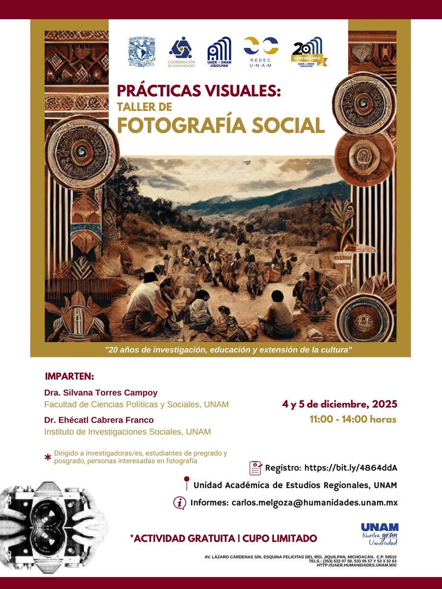 Si te interesa la fotografía con un enfoque social, ¡este taller de la <a href="/UAERUNAM/">UAER-CoHu-UNAM</a> es para ti!
🗓️ 4 y 5 de diciembre, de 11:00 a 14:00 horas.
👉🏼 Actividad gratuita.
🔗 Registro: bit.ly/4864ddA