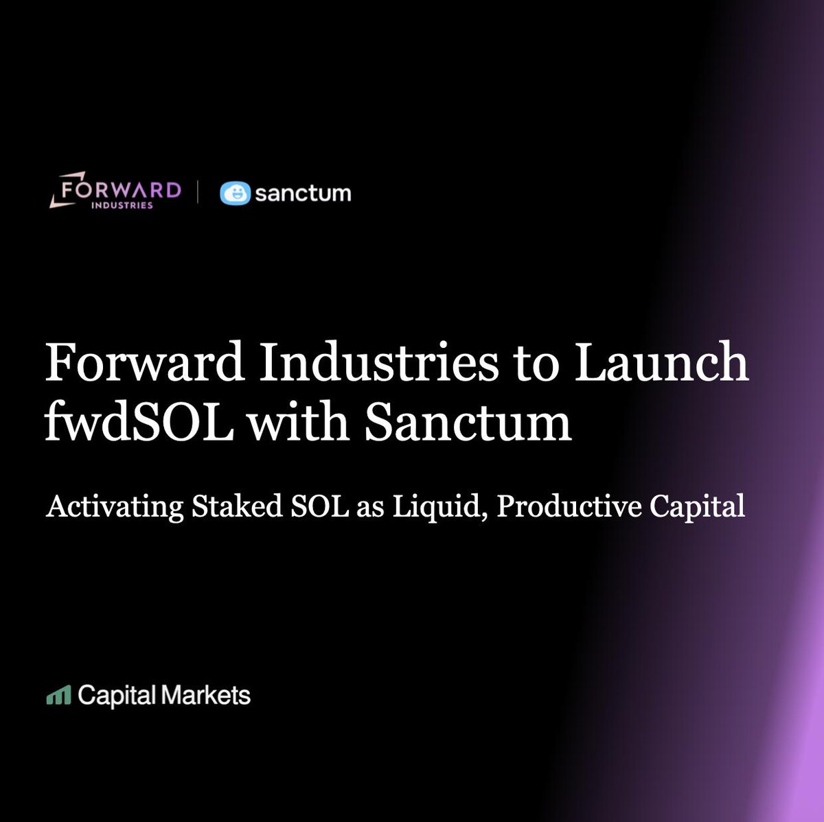 capitalmarkets's tweet photo. Forward Industries has partnered with Sanctum to launch fwdSOL, a liquid staking token designed to give the company’s Solana treasury more flexibility while boosting validator yield and on-chain participation. https://t.co/PFDPfVJess