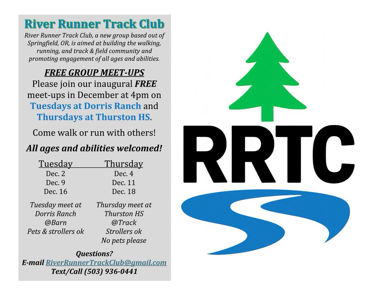 RiverRunnerTC's tweet photo. New Running Club offering free meet-ups the rest of December. 4-5pm on Tuesdays at Dorris Ranch and Thursdays at Thurston High School: Dec 2/4/9/11/16/18. Choose to run, walk, however fast/slow, far/short you want!
@BarreauTrained @TrackTownUSA https://t.co/3wZdGOjKaC