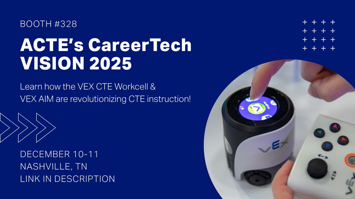 VEXRobotics's tweet image. Prepare your students for the workforce of tomorrow! 🔧⚙️ Join us for @actecareertech #VISIONCTE25 in Nashville, TN from Dec. 10-11 at Booth #328 to explore our CTE offerings! 👀 Be sure to catch workshops on CS &amp;amp; AI Literacy with VEX AIM! 

🌟 Learn more: buff.ly/a78lwfR