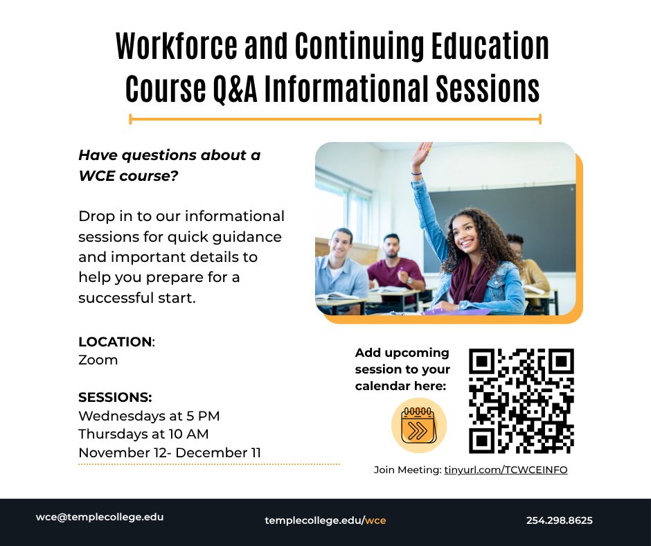 Have questions about our programs or their requirements? Join one of our informational sessions—designed to walk you through the registration process and answer all your questions. 

Add on of our sessions toyour calendar now! tinyurl.com/WCEADD