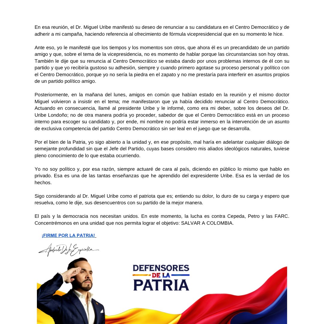 Comunicado a la opinión pública sobre la verdad del caso de Miguel Uribe Londoño.