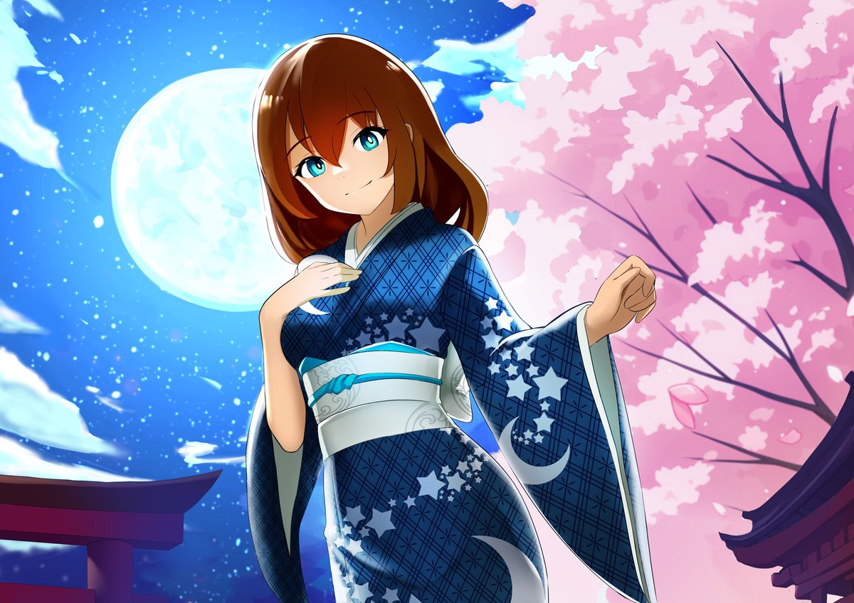 LindzVachon's tweet photo. Cute nighttime illustration of Lindz in a kimono by @Onikirimaru!! https://t.co/aKcRfYMhHn