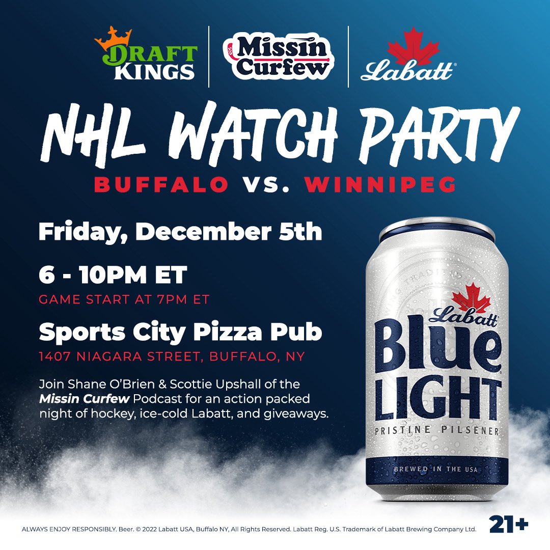 MissinCurfew's tweet photo. The #FellaTour is headed to Buffalo!
Join the Missin Curfew Crew for a @LabattUSA Watch Party #Sabrehood vs #GoJetsGo
Friday, December 5th (6-10pm EST)
@SportsCityPizza in Buffalo 🍻 https://t.co/GpwrqyQbEa