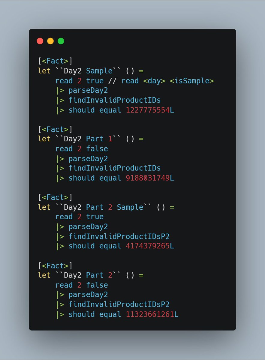 codewithkv's tweet image. Completed &quot;Gift Shop&quot; - Day 2 - Advent of Code 2025 adventofcode.com/2025/day/2 #AdventOfCode #Fsharp

This is what my unit tests look like in my local F# project. I&apos;m using xUnit + FsUnit.

Really like how it flows.