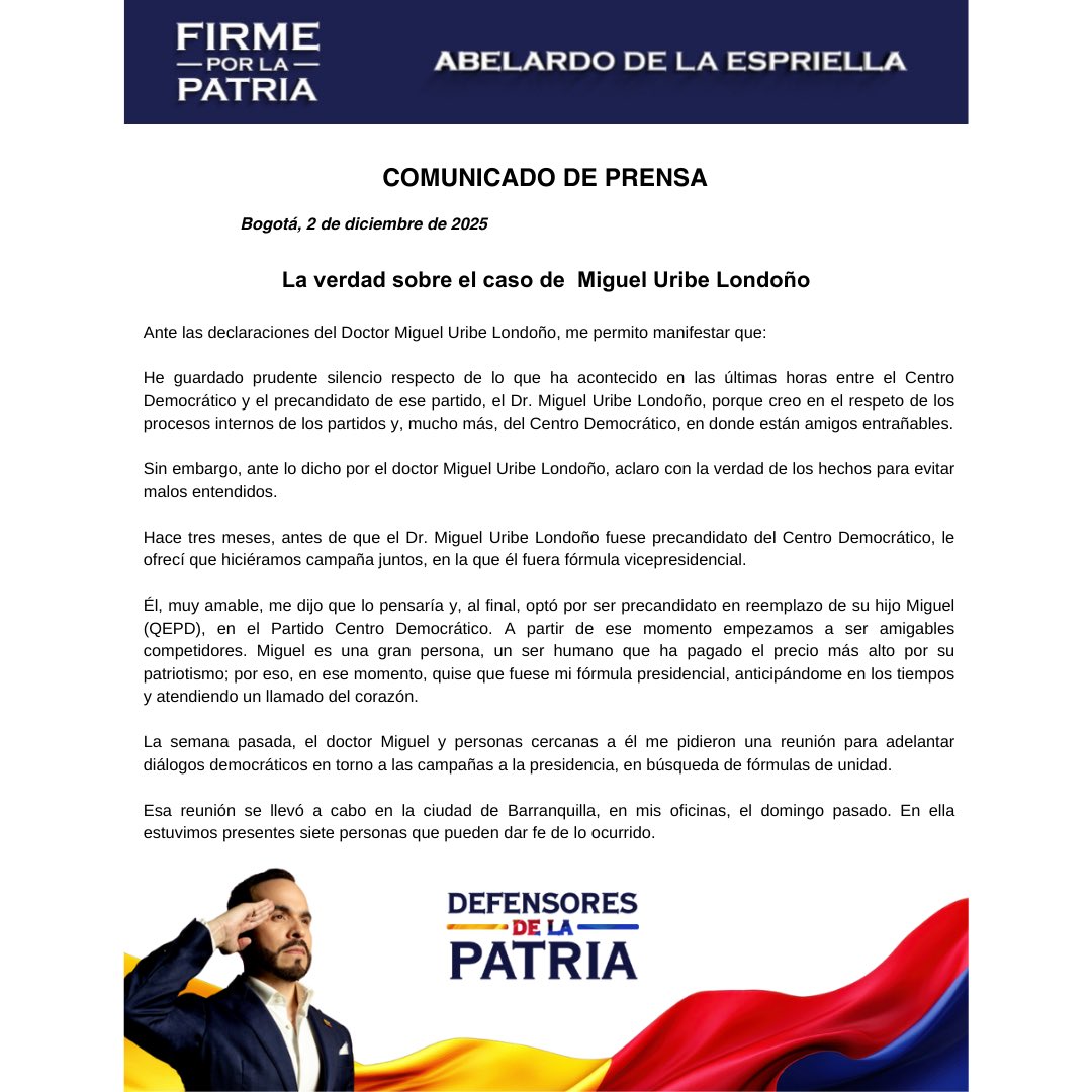 ABDELAESPRIELLA's tweet image. Comunicado a la opinión pública sobre la verdad del caso de Miguel Uribe Londoño.

(A.D.L.E)🇨🇴