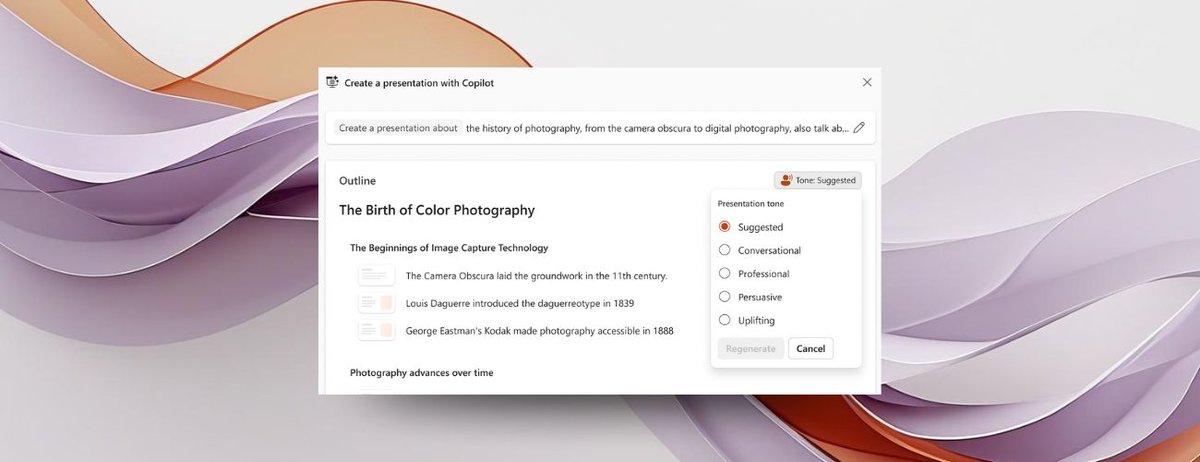 🧣 Nice PowerPoint update heading your way.
🎨 Quick &amp; punchy or deep &amp; detailed. 
🗣 Professional calm or bold uplift. 
🤖 Copilot in PowerPoint lets you steer every slide—length, tone, style, images. 
🤸🏻‍♂️ Your deck, your way. 
🔗msft.it/6013tjMTt 

#Copilot