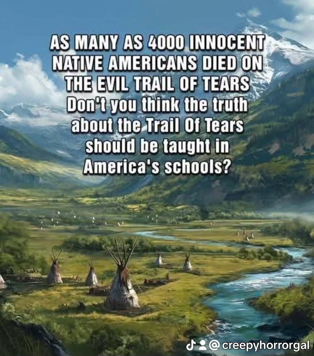 📢 Damn right it should be taught.
The Trail of Tears wasn’t some “unfortunate relocation”—it was a genocidal death march. Over 4,000 Cherokee died from starvation, disease, and exposure after being violently forced from their homelands under Andrew Jackson’s Indian Removal Act.