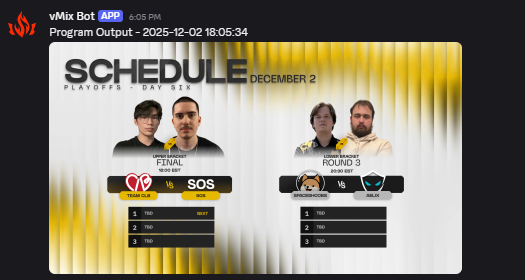 ZaeOnProd's tweet image. I made a @vMixHD Discord Bot!

Wanted to make my workflow more efficient - so I made a little program that gets program output and uploads it to the desired channel via Discord Webhook. Simple GET call allows me to integrate it to Companion directly