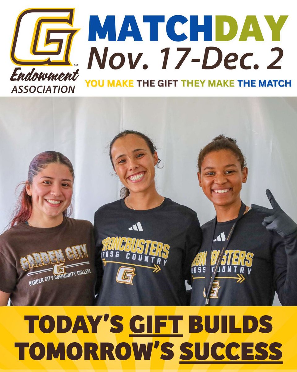 GCCCBroncbuster's tweet image. 🚨 LAST CALL! MatchDay ends tonight!

Your matched gift will help GCCC continue 106 years of educating and uplifting our community.

🤎 Give online at buff.ly/DEVh8Bx

📍 Or in-person until 7 PM at First United Methodist Church, 1106 N. Main, Garden City, KS!