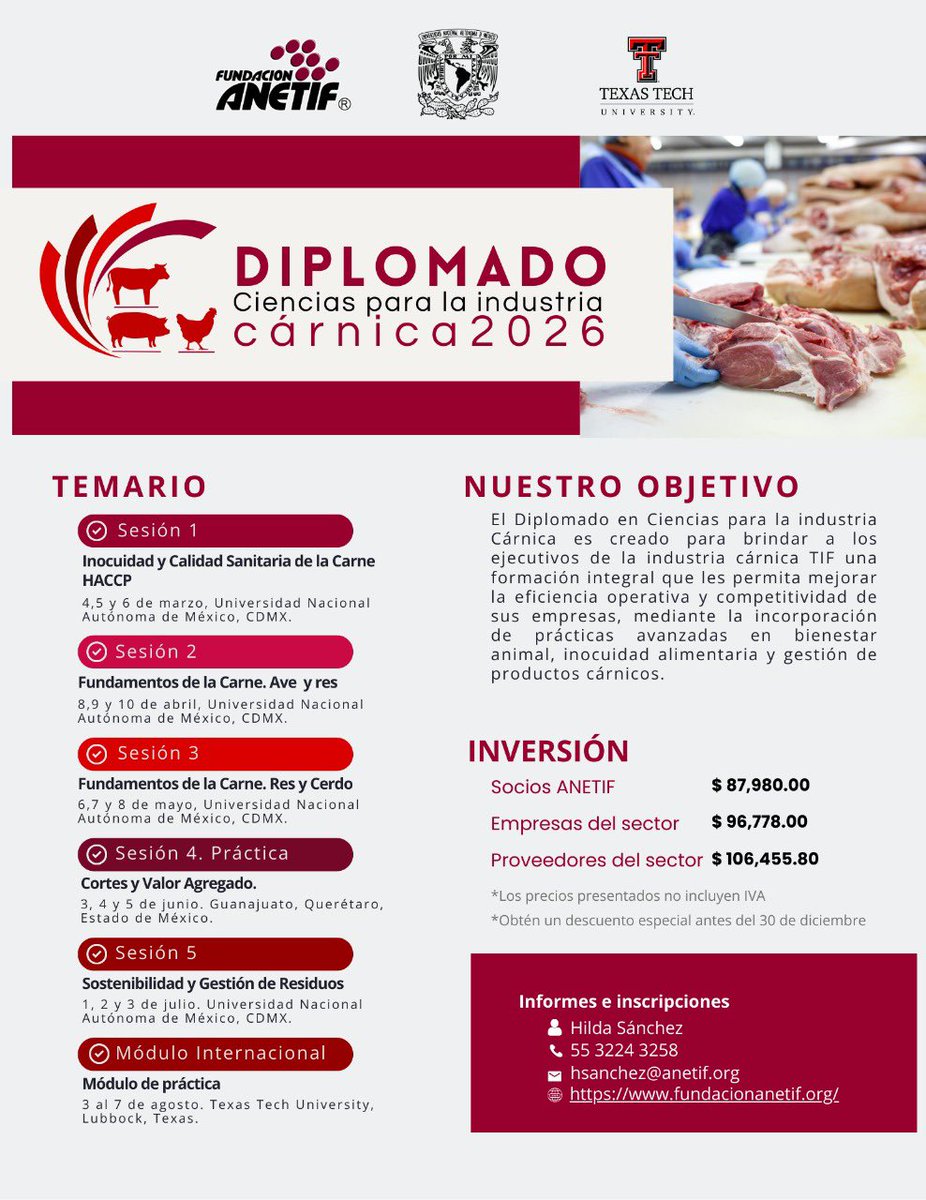 Alonso_FDZ's tweet photo. Profesionales, Proveedores y Académicos de la Industria Cárnica, este es el programa completo del Diplomado en Ciencias para la Industria Carnica ANETIF-UNAM-Texas Tech. Inscríbete ya!! https://t.co/dUEhGBKc4P