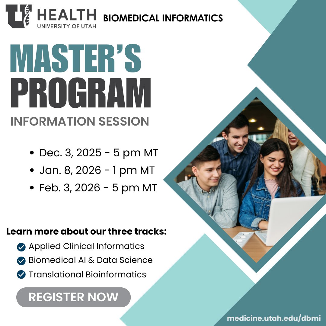 uudbmi's tweet image. Thinking about a Master’s in Biomedical Informatics?

Join our Info Session today at 5 PM MT!

Register: tinyurl.com/34rkn2wp

#Bioinformatics #BiomedicalInformatics #GradSchool
