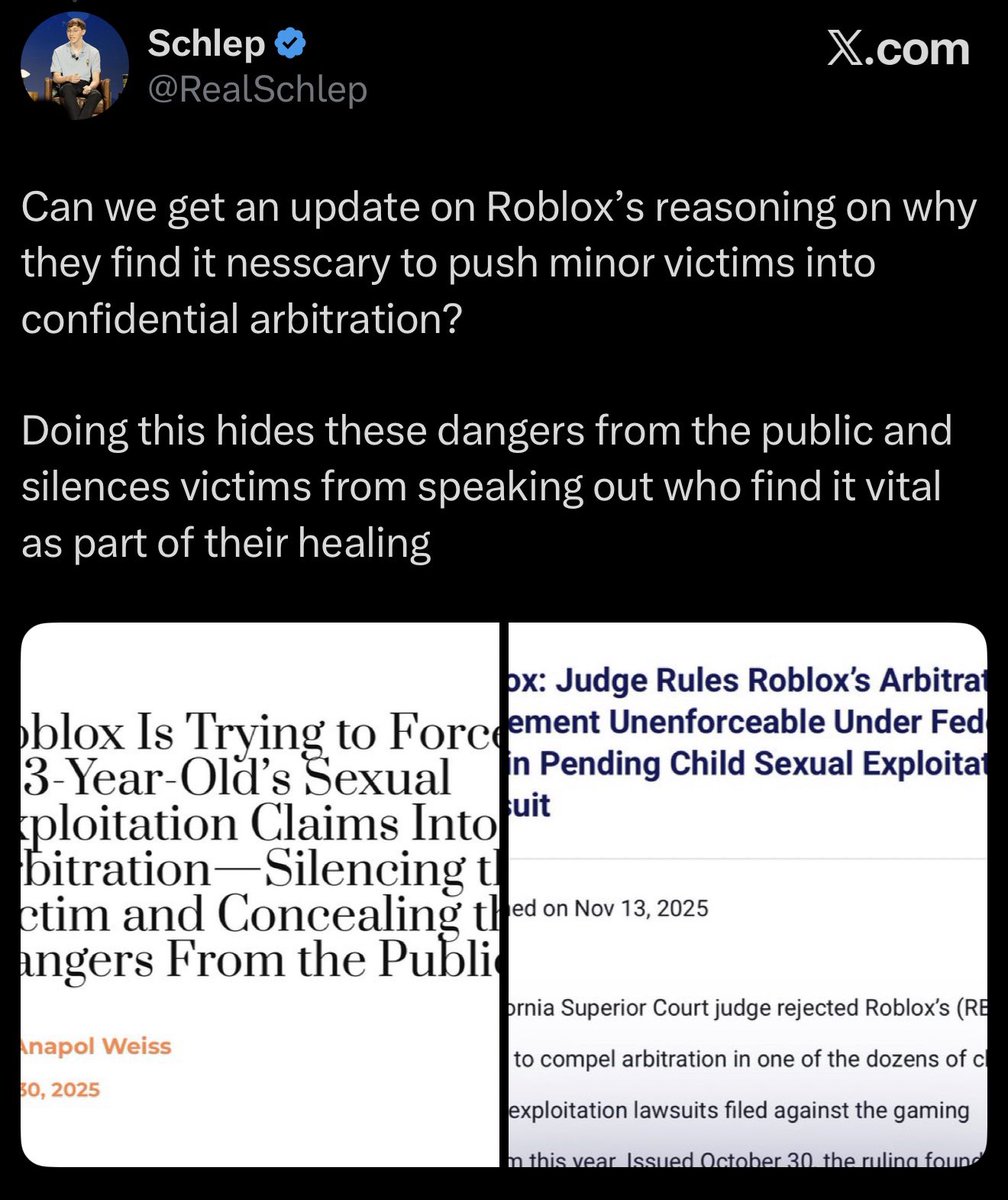 RealSchlep's tweet image. I asked why Roblox was using a legal strategy that can keep child abuse victims from telling their stories publicly, and they blocked me.

Never trust what this company says about safety.