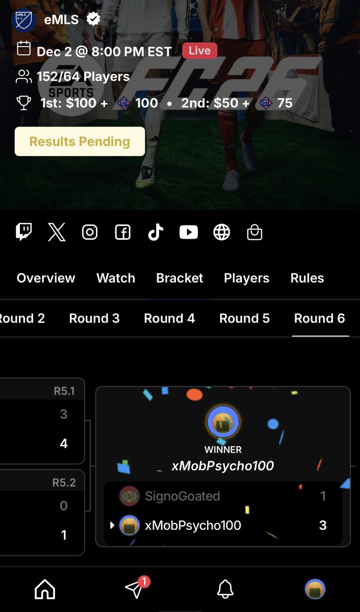 Winner of the first <a href="/eMLS/">🎮 Major League Soccer | #eMLS</a> qualifier tournament. Ggs to all my opponents. Very pleased with my level Alhamdoulilah 🙏🏿
