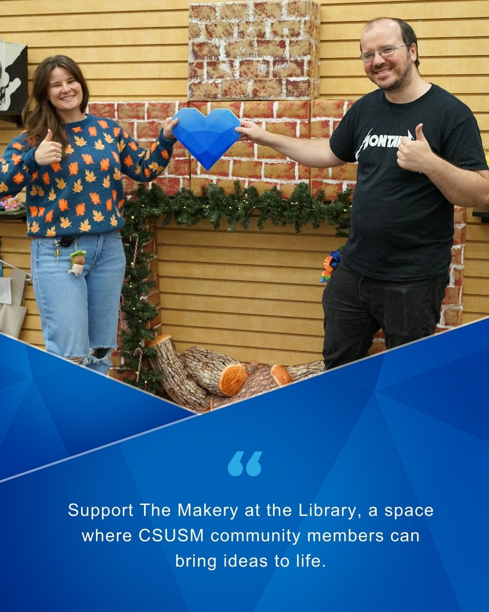 csusm_library's tweet image. There&apos;s still time to support #CSUSM students on #CSUSMGivingDay. 💙

The Makery at #CSUSMLibrary is a space where students can access free equipment and materials to design, build, experiment, and learn new skills.

Donate before midnight at bit.ly/GivingDayMaker…