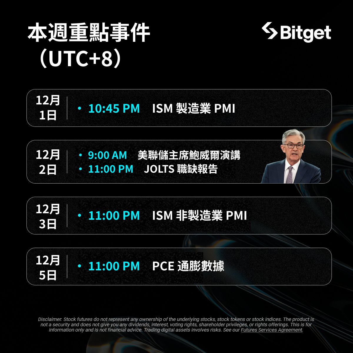 BitgetTC's tweet image. 查看本週美股市場焦點 ⚡️

熱騰騰的重點會議，其中還有老鮑講話了~
各位要注意市場波動呀 !

買好幣、買熱幣🔥就上 #Bitget #BitgetOnchain✅