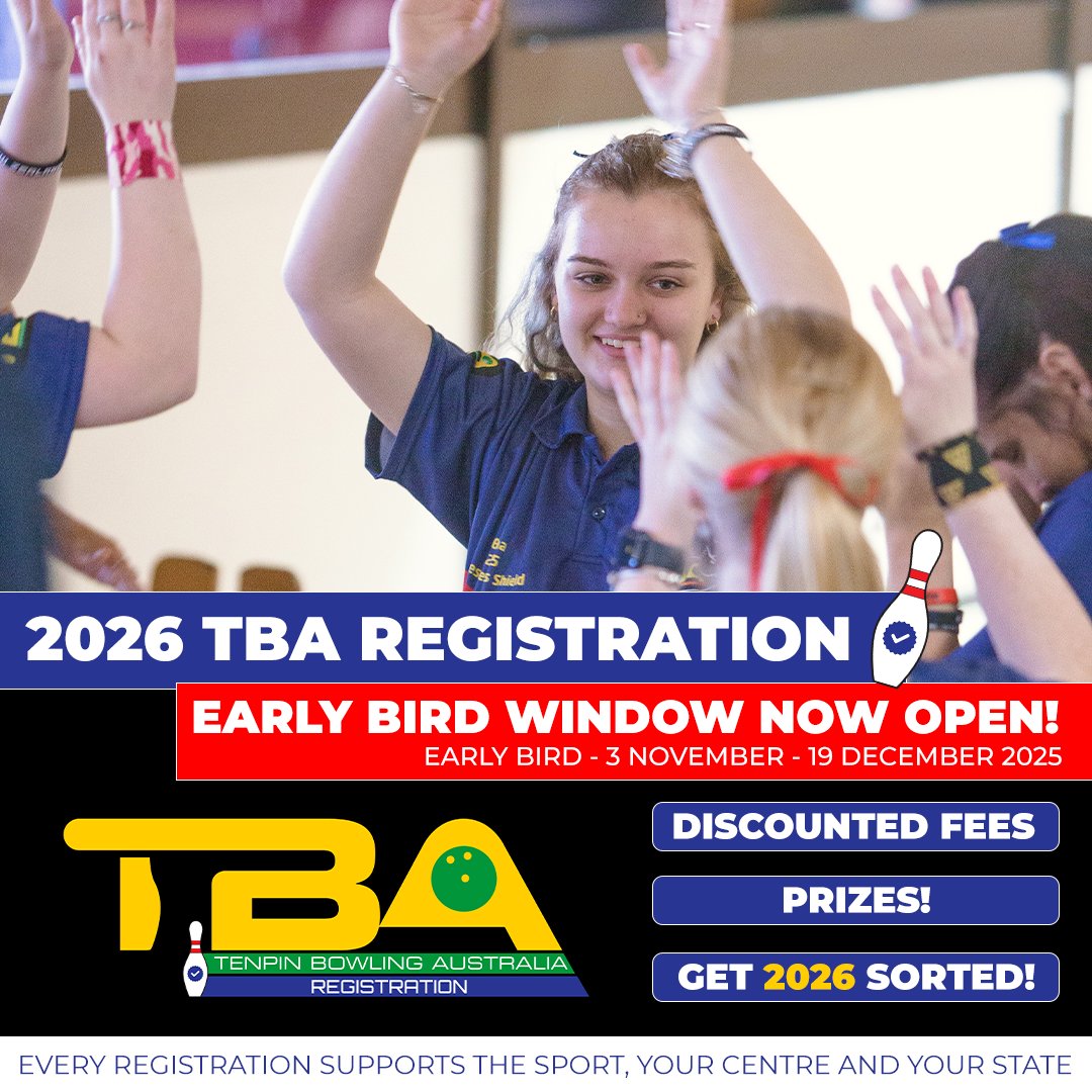 🎁 Don’t forget! Early Bird closes 19 December! ⏰

Don’t miss your chance to save on your 2026 registration and go in the running for a $500 gift card or some merchandise.

Register today 👉 tenpin.org.au/registration/