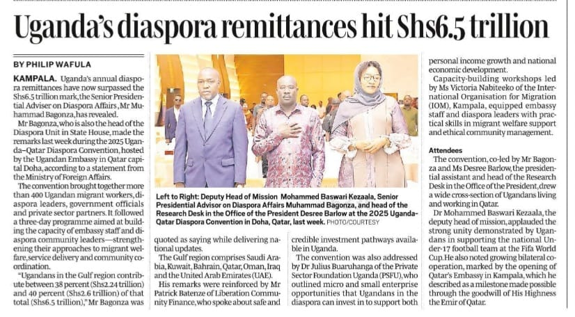 8. Uganda’s annual diaspora remittances have climbed to Sh6.5 trillion, driven largely by Ugandans working in the Gulf, who now account for 38% of inflows.