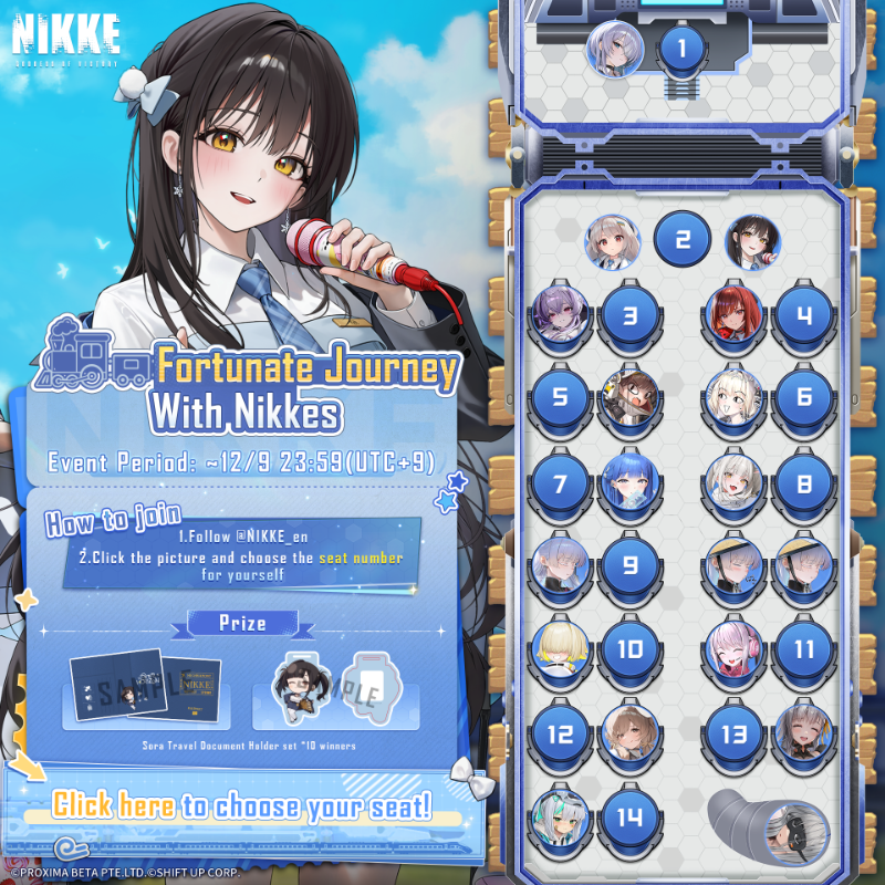 NIKKE_en's tweet photo. 【#FortunateJourneywithNikkes】
The train is about to depart. On this dreamy journey, which seat will you choose?

How to Join:
1. Follow @Nikke_en
2. Click the picture and choose the seat number

Event Period:
 ~ 12/9 23:59(UTC+9)