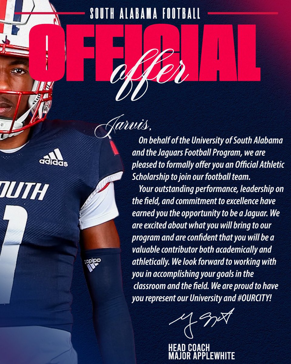 First and foremost, God is the reason I am here today, and I thank Him for His marvelous works. After praying, He showed me this is the best choice for my future. So, Jags fans, stand up.  I’ll be signing tomorrow! #GOJAGS ❤️🤍

<a href="/DunhamAthletics/">Dunham Athletics</a> <a href="/SouthAlabamaFB/">South Alabama Football 🏈</a> <a href="/CoachApplewhite/">Major Applewhite</a>