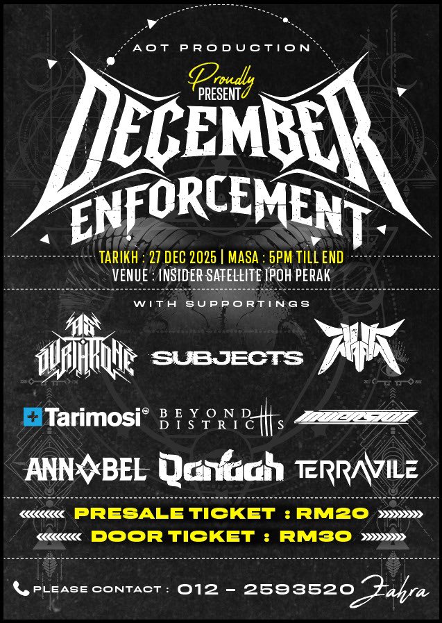 SUBJECTS joins December Enforcement this 27 Dec 2025, 5PM till end at Insider Satellite, Ipoh.

Expect a tight, heavy set true to their sound, a solid year-end show with the local heavy music community.

Presale RM20 | Door RM30

Come early and support all bands.
See you there.